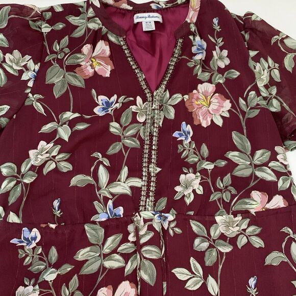 Tommy Bahama Midi Dress Women M Painted Petal Burgundy Floral Bead Sheer Flutter - Picture 9 of 11